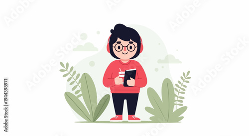 Person with headphones holding a drink and book, surrounded by plants
