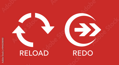 Two white icons on a red background, one for reload with a circular arrow and another for redo with a forward-pointing arrow.