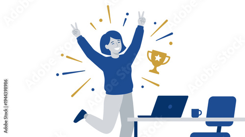 Remote Worker Celebrating Project Success Achievement Flat Illustration
