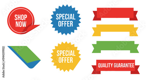 A collection of colorful promotional graphic elements including 'SHOP NOW' tags, 'SPECIAL OFFER' starbursts, plain ribbons, and a 'QUALITY GUARANTEE' banner.