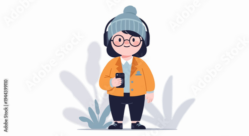 A cartoon person in headphones and a hat holds a phone