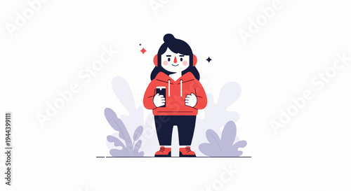 Cheerful person in headphones and red hoodie holds phone with plants in background