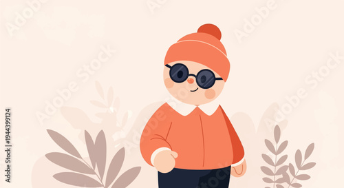 A cute, round character in a hat and sweater, with glasses, stands amid soft botanical elements