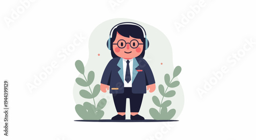 Stylized character in suit and headphones, with plants