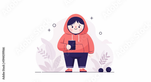 A cartoon child in a red hoodie holds a dark blue smartphone