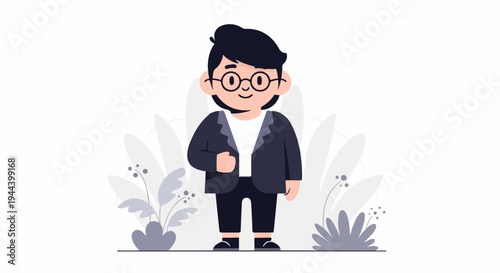 A stylized person with glasses and a suit stands among abstract plants