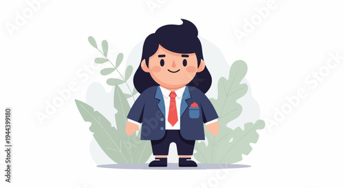 Cheerful, stylized cartoon figure in a business suit with a red tie and pocket square, set against a light, leafy background