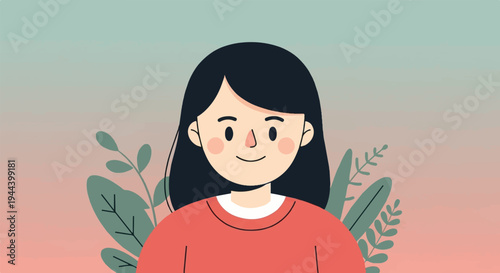 Stylized illustration of a smiling young woman with dark hair and a red shirt, amidst lush greenery