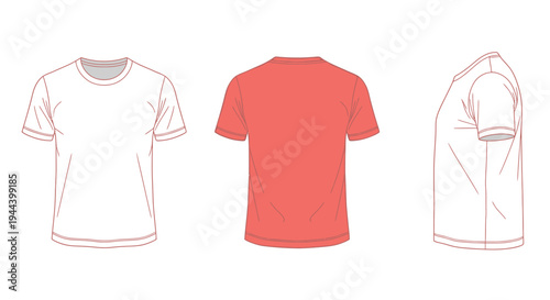 Three vector views of a blank t-shirt template, showing front, back, and side profiles for apparel design mockups.
