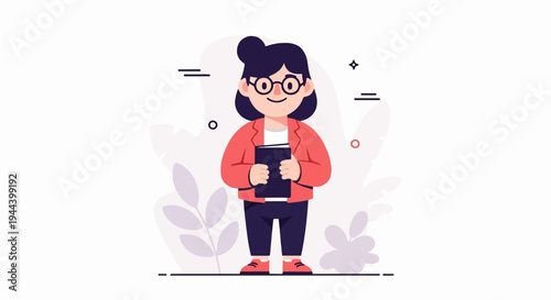 Cartoon of a woman in glasses holding a book, surrounded by abstract shapes