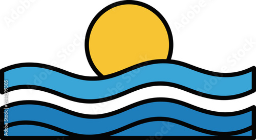 A simple graphic illustration depicting a yellow sun partially visible above two blue wavy lines representing water or ocean waves.