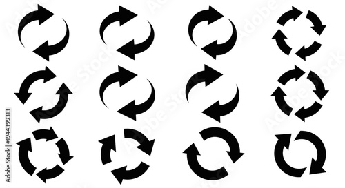 A collection of black circular arrow icons depicting refresh, reload, recycle, and rotation symbols on a white background, suitable for web and app design.
