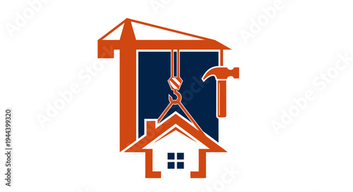A graphic logo featuring an orange construction crane lifting a house silhouette with a hammer, symbolizing home building and renovation services.