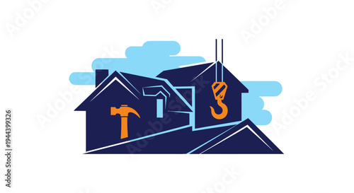 Stylized illustration of two houses with construction tools and crane hook, representing home building and repair services.
