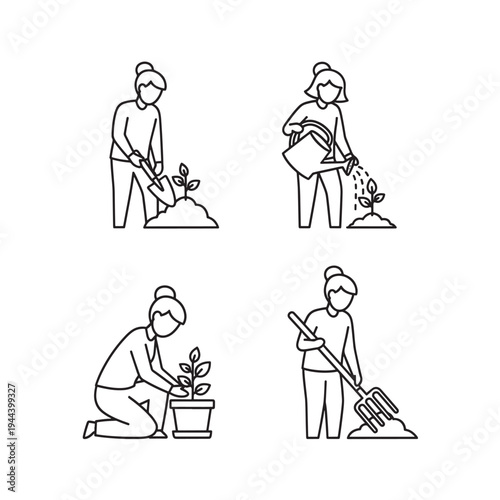 Line art illustrations of a person performing various gardening tasks like planting, watering, repotting, and tilling soil with garden tools.