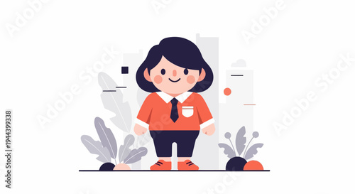 Cute cartoon character with dark hair, wearing an orange shirt, tie, and dark pants, standing amidst abstract plants and cityscape elements