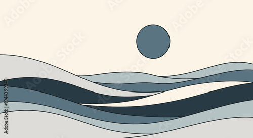 Abstract minimalist landscape with a large blue circle over wavy bands of blue and grey, evoking a serene ocean or rolling hills.