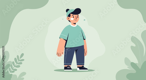 Flat illustration of a young person in casual wear on a soft, organic background