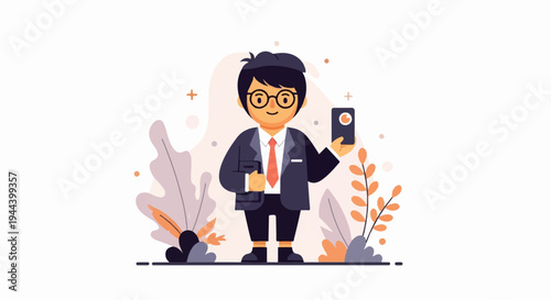 A cartoon man in glasses and a suit holds a phone and a book, surrounded by abstract plants