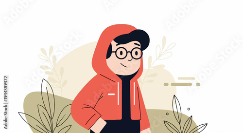 A stylized person with glasses and a red hooded jacket stands amidst abstract shapes and plant-like designs