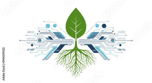 A vibrant green leaf with intricate roots intertwined with digital circuit board patterns and data lines, symbolizing the fusion of nature and technology.
