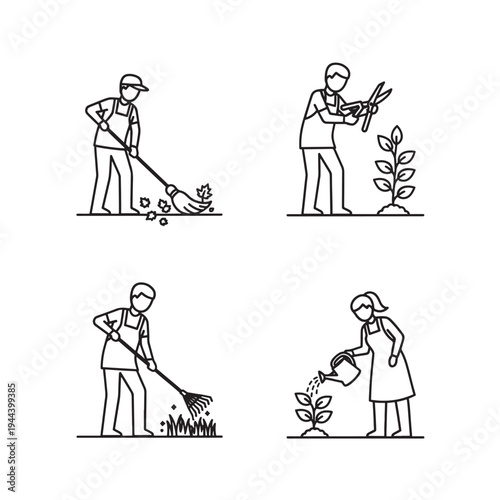 Line art illustrations of people performing various gardening tasks like raking leaves, pruning plants, and watering seedlings.