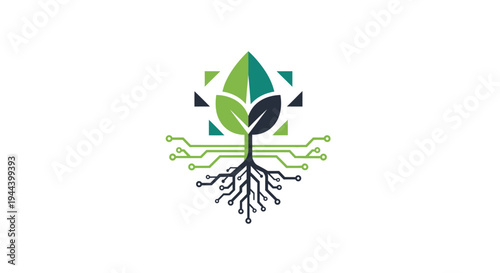 A stylized logo depicting a tree with green and dark leaves, its roots transforming into a digital circuit board, symbolizing the integration of nature and technology.