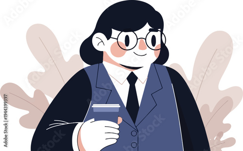 Friendly person in business attire holding a coffee cup, with abstract plant shapes behind them