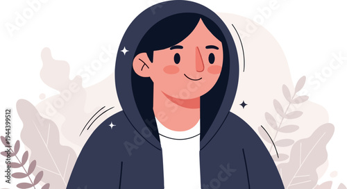 Smiling person with dark hair in a dark blue hoodie, surrounded by abstract plants