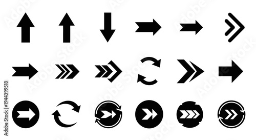 Collection of Black Solid Arrow Icons Pointing in Multiple Directions on an Isolated White Background