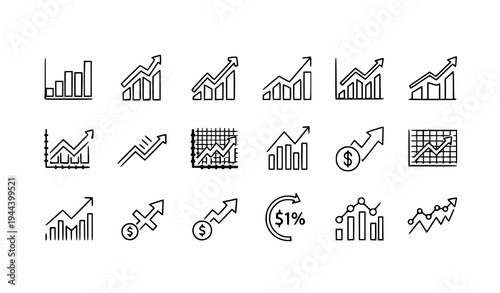Minimalist business growth icons collection with profit charts increasing arrows and financial trend graphs isolated on transparent background