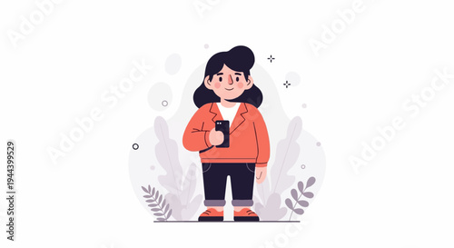 A person in an orange jacket holds a phone, with abstract plants in the background