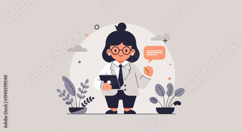 A stylized illustration of a person in a lab coat holding a tablet and gesturing