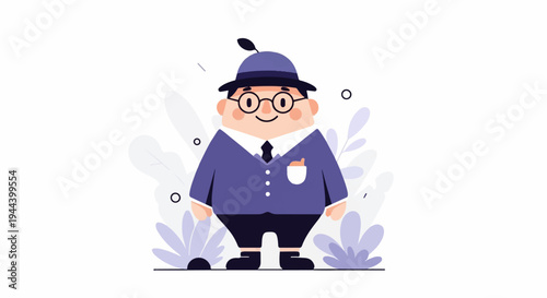 Chubby cartoon figure in a hat and suit with glasses, surrounded by abstract plants