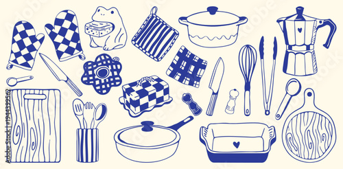 Hand drawn kitchen essentials vector set in cozy doodle sketch style. Pots, pans, utensils, cutting board, oven mitts, coffee maker and cooking tools. Cute home kitchen collection. Minimal style