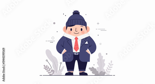 A cartoon character dressed in a blue suit, red tie, and a dark blue beanie stands with hands in pockets