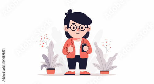 Stylized cartoon figure in orange jacket and glasses holding a phone and giving a thumbs up