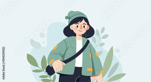 Stylized illustration of a young person in casual outerwear and hat, carrying a satchel