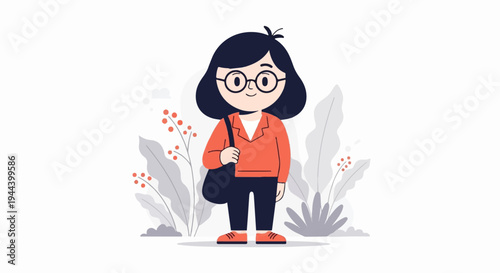 Cute cartoon illustration of a young person with glasses, dark hair, and an orange jacket