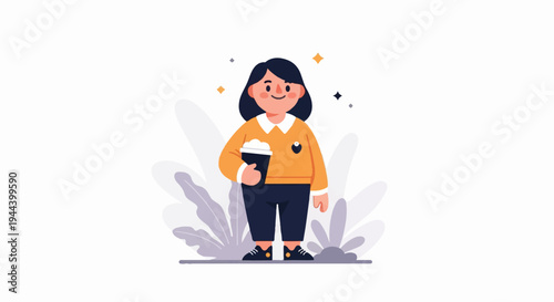 Cartoon character in an orange sweater and dark pants holds a drink, with decorative plants and stars