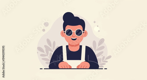 Person with sunglasses and dark hair wearing a black shirt and white apron, against a pale background