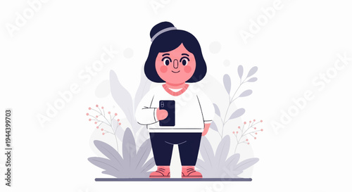 Cute cartoon character with dark hair and blue pants holding a phone