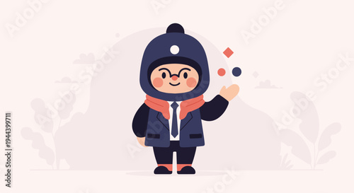 Cheerful character in winter attire juggles floating orbs against a soft, stylized natural backdrop