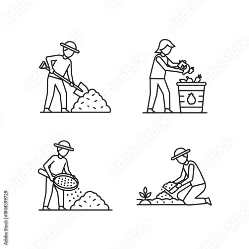 Line art illustrations depicting various stages of gardening, including shoveling soil, composting organic waste, sifting seeds, and planting seedlings.