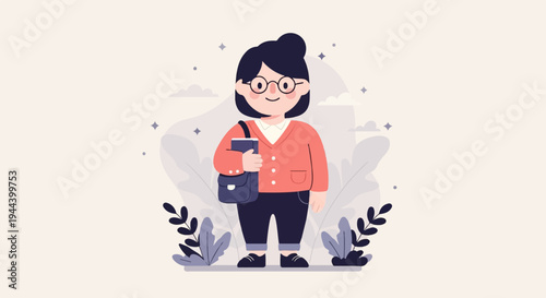 A person with glasses, holding a book and bag, stands amidst stylized foliage