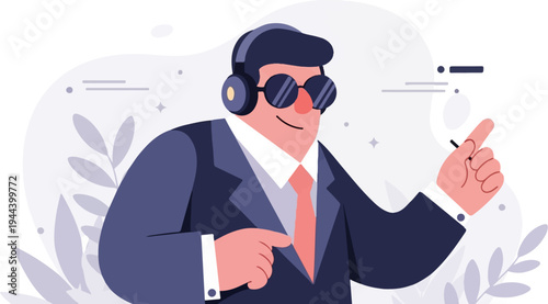 Smiling businessman with headphones, sunglasses, and pointing gesture