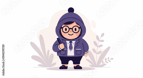 A cute, pixelated cartoon character in a purple hooded suit and glasses, holding a pen