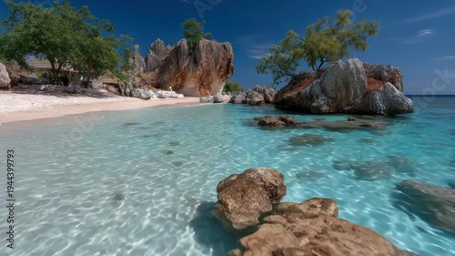 Wallpaper Mural A serene tropical beach showcases turquoise waters, sandy shore, rocks, trees, and dramatic rock formations Torontodigital.ca