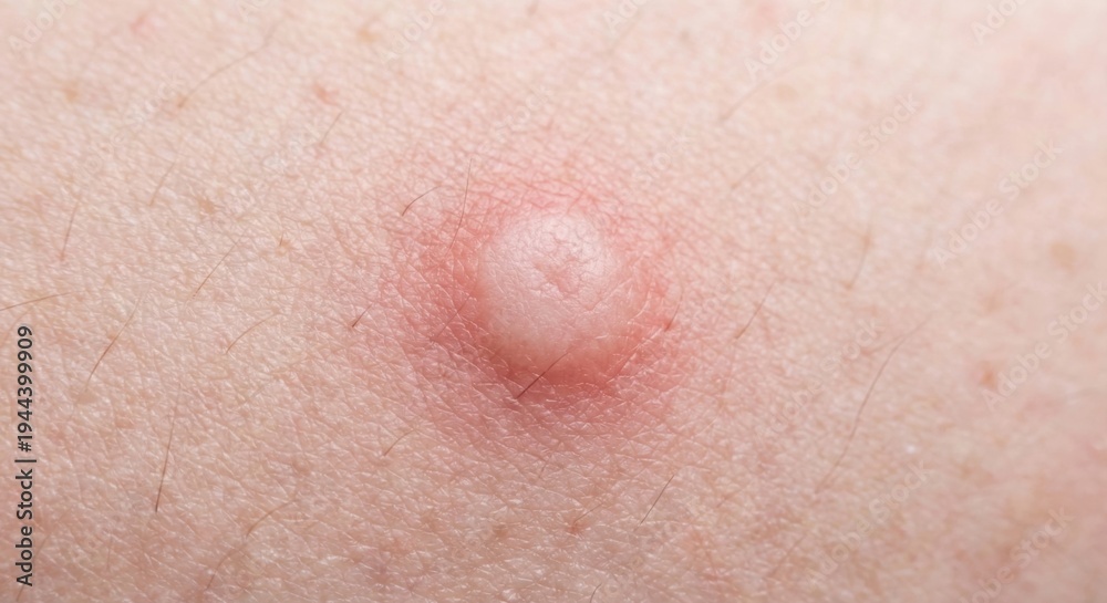 Fototapeta premium Single mosquito bite welt on skin with red inflammation flare