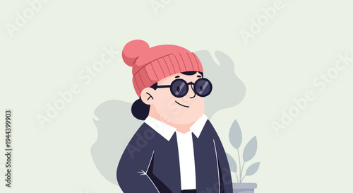 Stylish person with pink hat and glasses, standing indoors with plants